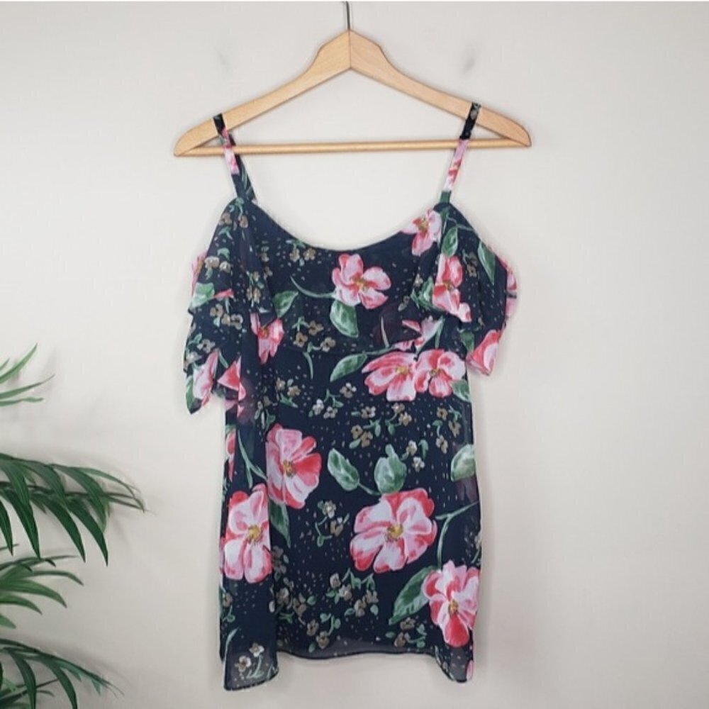 CAbi | #5220 Fairytale Cold Shoulder Floral Blouse Size Small Navy Pink Green
